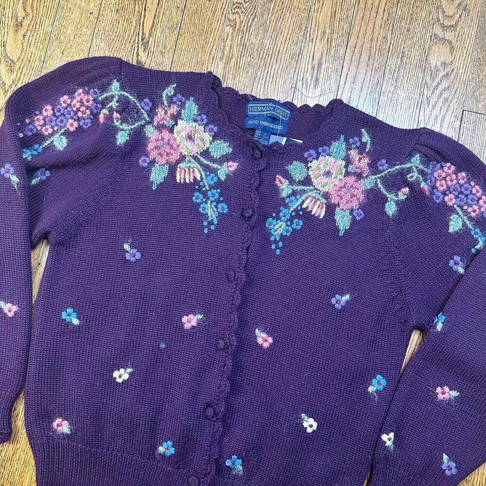 Vintage 90s Herman Geist Purple Wool Blend Cardigan Sweater - Picture 2 of 4